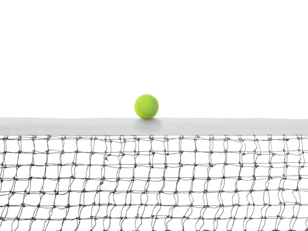 Tennis ball touching the net tape with on a white background