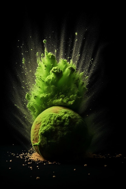 A tennis ball with a green paint splatter on it