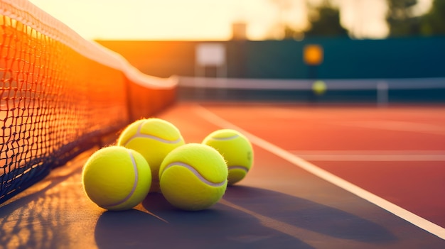 Tennis balls on the court at sunset