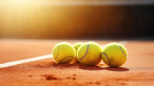 Tennis balls on the court with the sun shining on them