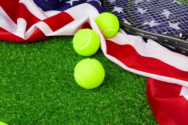 Tennis balls on  grass close up. Tennis equipment