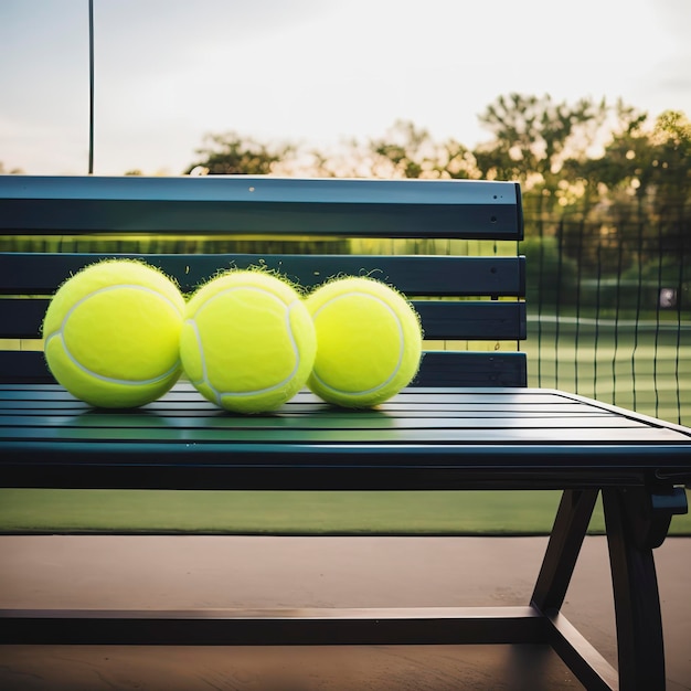 Tennis balls and racket on bench