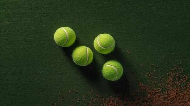 tennis balls and racket on green synthetic grass court background top view with copy space