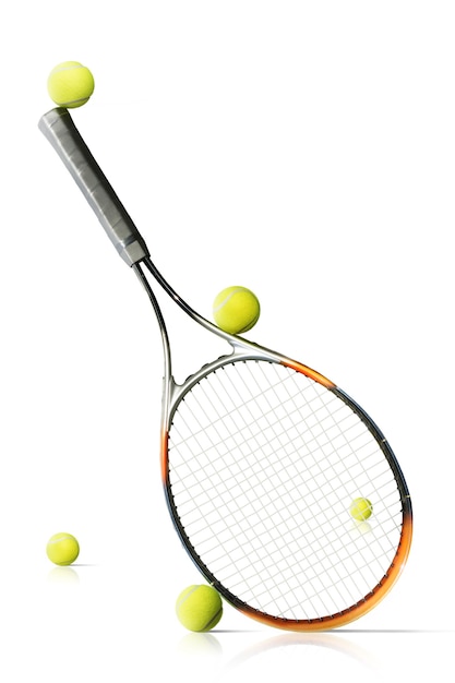 Tennis balls and racket isolated the white background. Sport