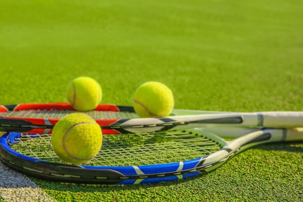 Tennis balls and rackets on court