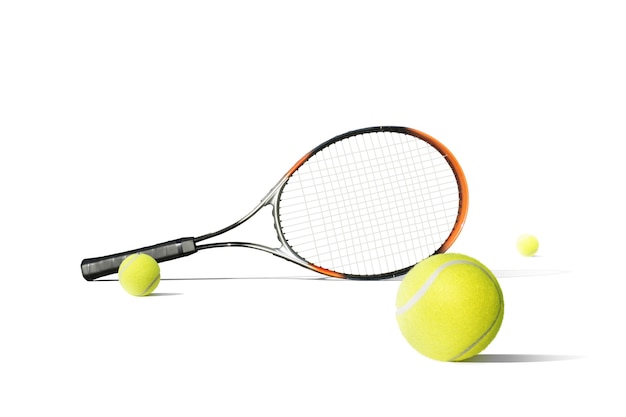 Tennis balls and racquet isolated the white background. Sport