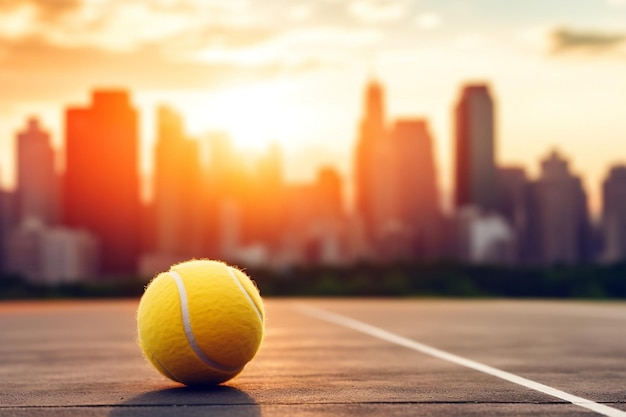 Tennis Banner Featuring a Yellow Tennis Ball on a Blurred Background Generative Ai