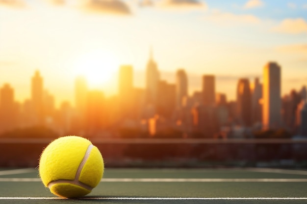 흐릿한 배경에 노란색 테니스 공이 그려진 테니스 배너 Generative Ai
