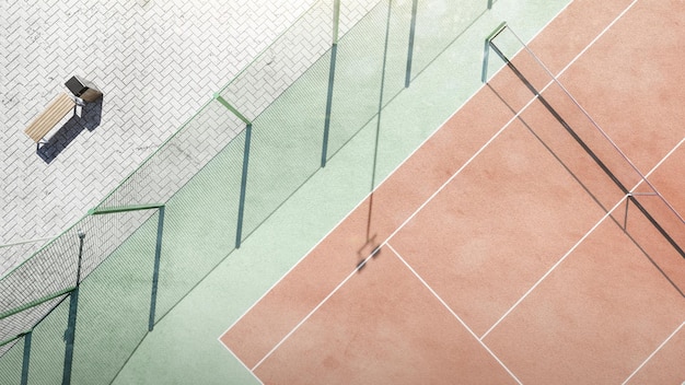 Tennis court from the above. Tennis court texture. Grid surrounding the tennis court. 3D rendering. Tennis background