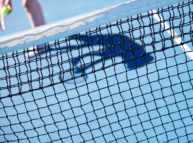 Tennis court sports or closeup of net with space for mockup workout or playing in practice Outdoor equipment or athlete in training arena or fitness exercise at game contest or competition