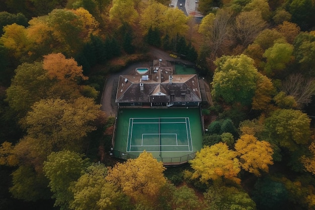 노란 잎을 가진 나무로 둘러싸인 테니스 코트