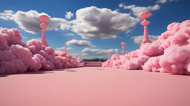 a tennis court transformed into a dreamlike barbie wonderland of pink and fluffiness plush material