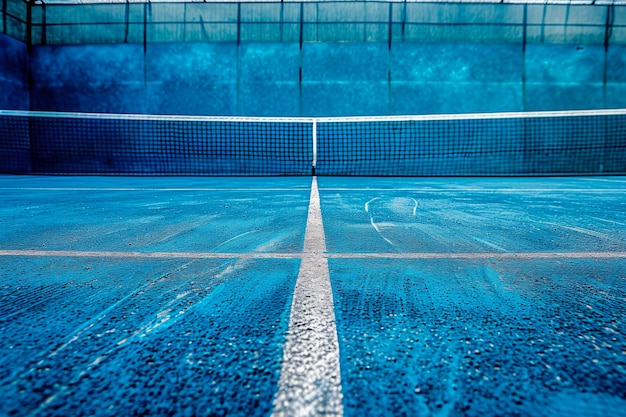 tennis court with a blue color and a clay shape and a sport overlay on the net