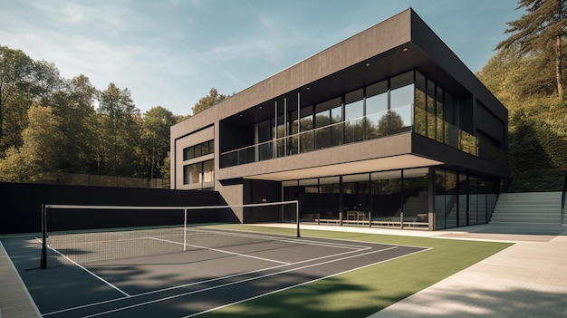 A tennis court with a building in the background