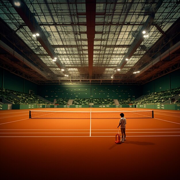 Premium Photo A tennis court with a person on the court and a large Premium Photo A tennis court with a person on the court and a large
