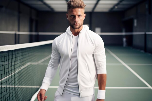 Теннисная мода снимает высококлассную спортивную одежду на стильном игроке, позирующем с ракеткой на гладком корте