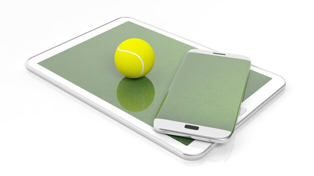 사진 스마트폰 가장자리에 공이 있는 테니스장과 흰색으로 격리된 태블릿 디스플레이