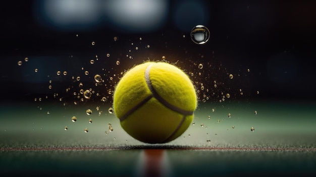 Tennis is an Olympic sport A tennis ball on a dark court background Generative AI