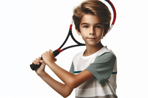 Мальчик-теннисист тренирует теннис, изолированный на белом фоне.