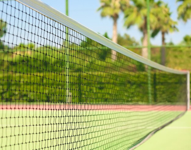 Tennis net on court in sunny day