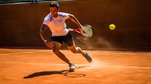 Tennis player executing a perfect backhand during a clay court match