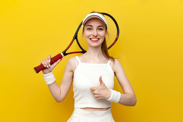 Теннисистка в спортивной одежде держит теннисную ракетку и показывает, как на желтом фоне