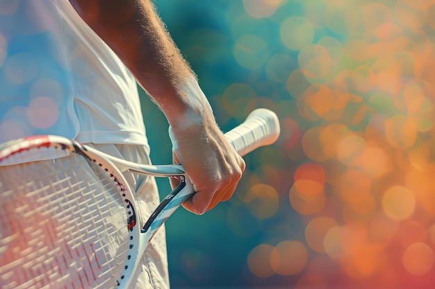 Giocatore di tennis che afferra la racchetta in primo piano pronto per la partita sfondo sportivo vibrante con concetto di stile di vita attivo bokeh ai