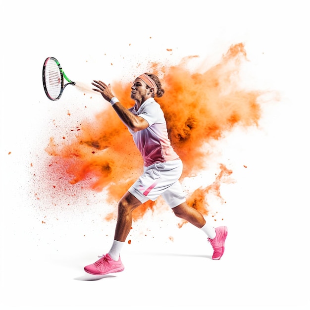 Tennis player is hitting the ball on white background generative ai