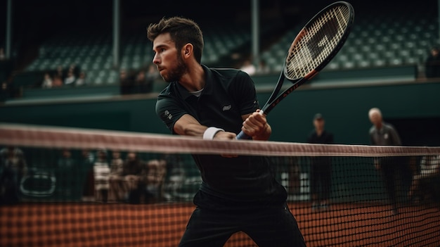 A tennis player is swinging a racket at a tennis match.