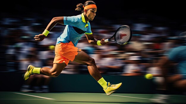 テニスプレーヤーの横向きの追跡は活発な色で機敏さを示しています