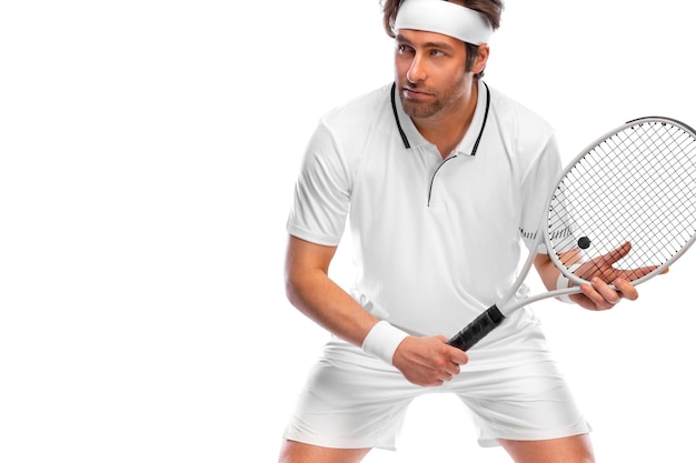 Tennis player with racket in white costume Man athlete playing isolated on light background