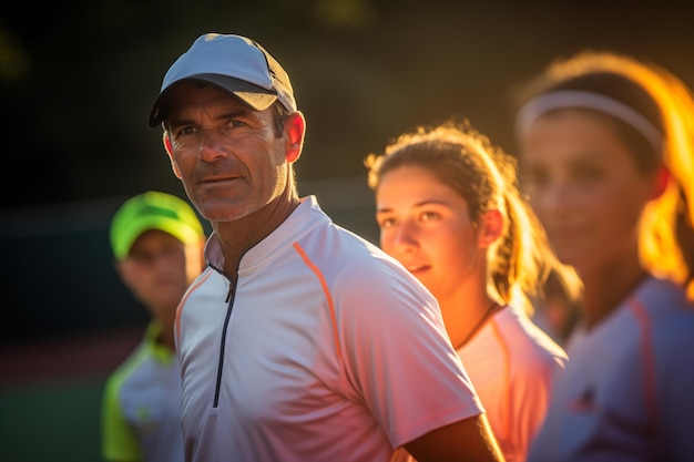 Tennis players standing and talking with their coaches on the tennis court during the daytime