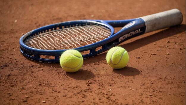 Tennis racket and ball on a clay court