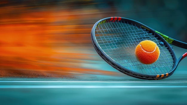 Photo tennis racket and ball in motion across the court speed and agility