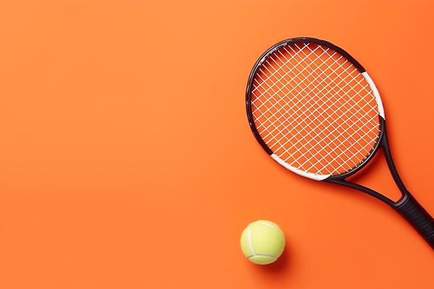 Tennis racket and ball on an orange background top view