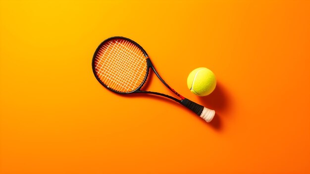 Tennis racket and ball on orange background top view