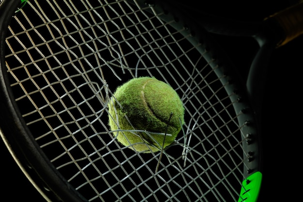 Tennis racket, ball. Professional sport equipment isolated on black studio background. Concept of sport, leadership, competition, healthy lifestyle in motion and action, training. Close up, copyspace.