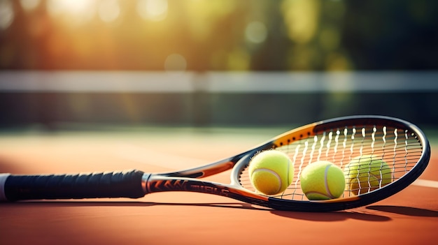 Tennis racket en ballen op een ongerepte baan