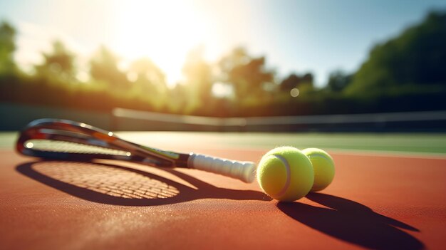 Tennis racket en ballen op een ongerepte baan
