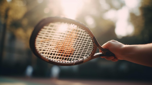 A tennis racket is held in a hand.