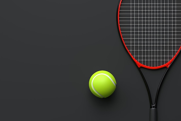 Tennis racket met tennisbal op een zwarte achtergrond Top view 3D Render illustratie