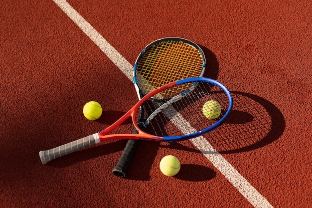 A tennis racket and new tennis ball on a freshly painted tennis court.