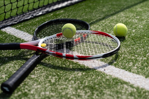 A tennis racket and new tennis ball on a freshly painted tennis court