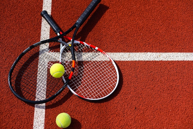 A tennis racket and new tennis ball on a freshly painted tennis
court