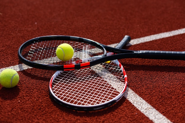 A tennis racket and new tennis ball on a freshly painted tennis court