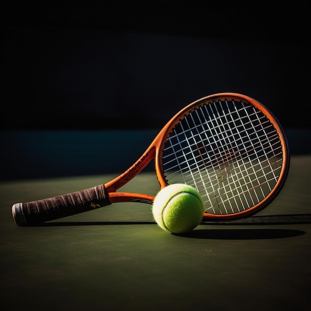 a tennis racket with a ball and a ball on the ground.