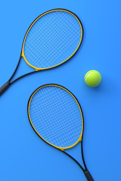 Tennis Racket with Tennis Ball on a blue background Top view 3D Render Illustration