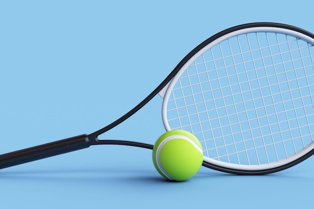 Photo tennis racket with tennis ball on a blue background