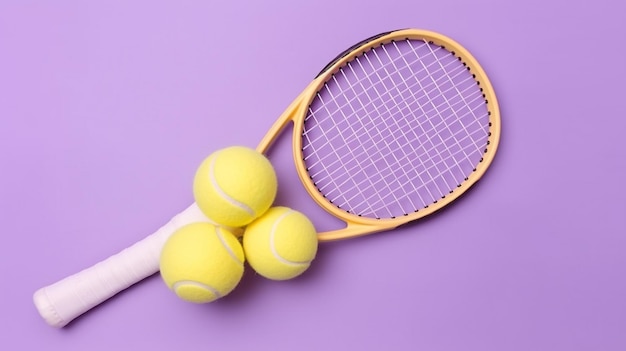 A tennis racket with a tennis ball on a purple background