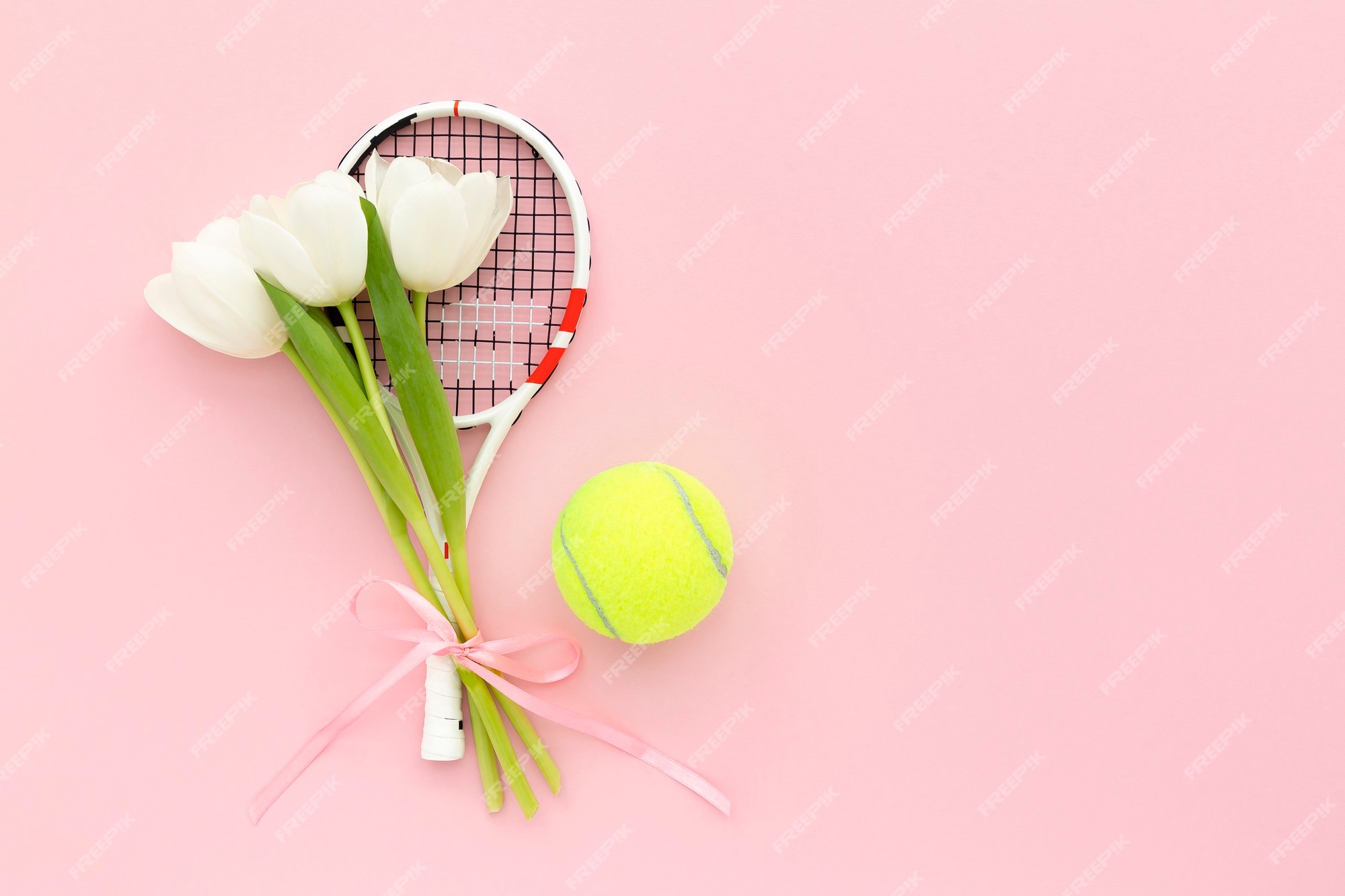 Premium Photo  Tennis racket with white tulips and tennis ball on pastel  pink background with copy space